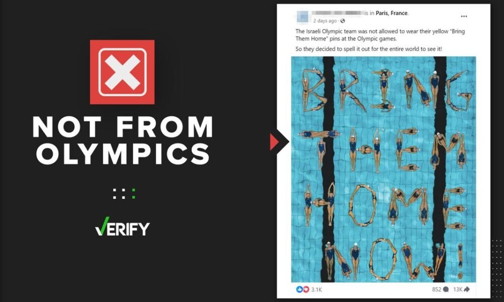 Image of Israeli swimmers spelling out ‘bring them home now’ isn’t from 2024 Olympics