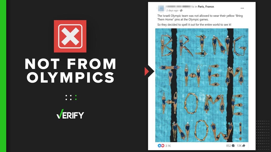 Image of Israeli swimmers spelling out ‘bring them home now’ isn’t from 2024 Olympics