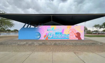 A view of Pacana Park's fitness court overlayed with artist Mecca Hunter's vision of what the mural wrap could look like. [Mecca Hunter]