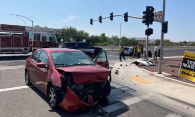 A red Nissan Sentra is totaled on John Wayne Parkway near Alterra Parkway after witnesses say it ran a red light and struck a sports coupe at 3:15 p.m. July 24, 2024. [Brian Petersheim Jr.]