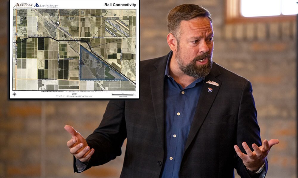 Christian Price, the chief economic development officer for the City of Maricopa, discusses economic development plans underway during a Chamber of Commerce breakfast meeting on June 13, 2024. An image of the future industrial park is overlayed. [Monica D. Spencer]