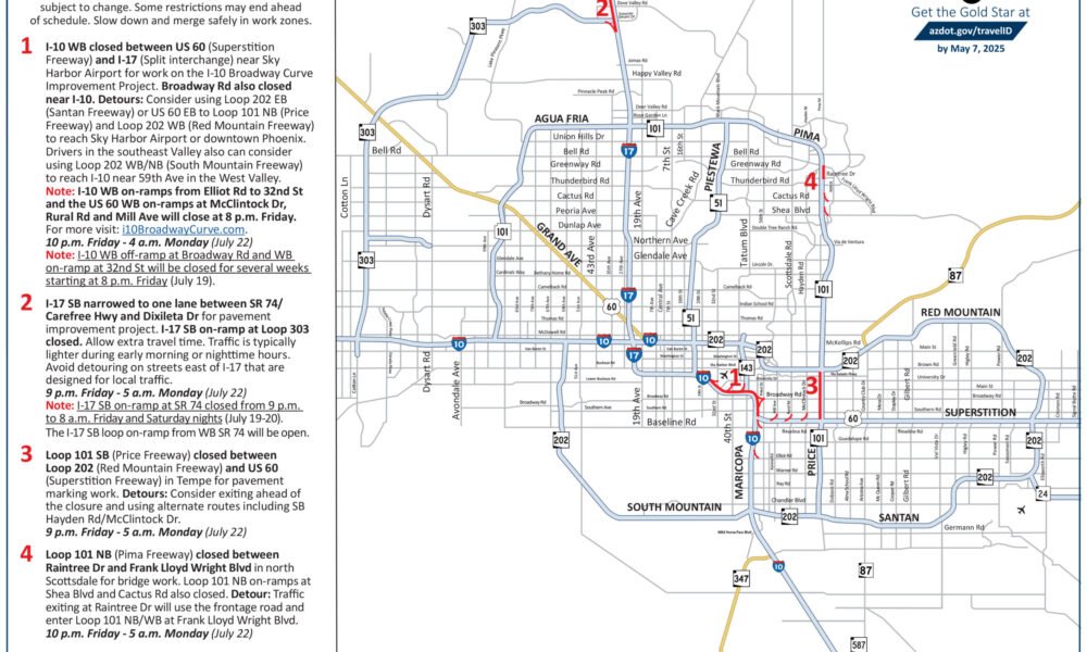 Phoenix area weekend freeway travel advisory, July 19-22