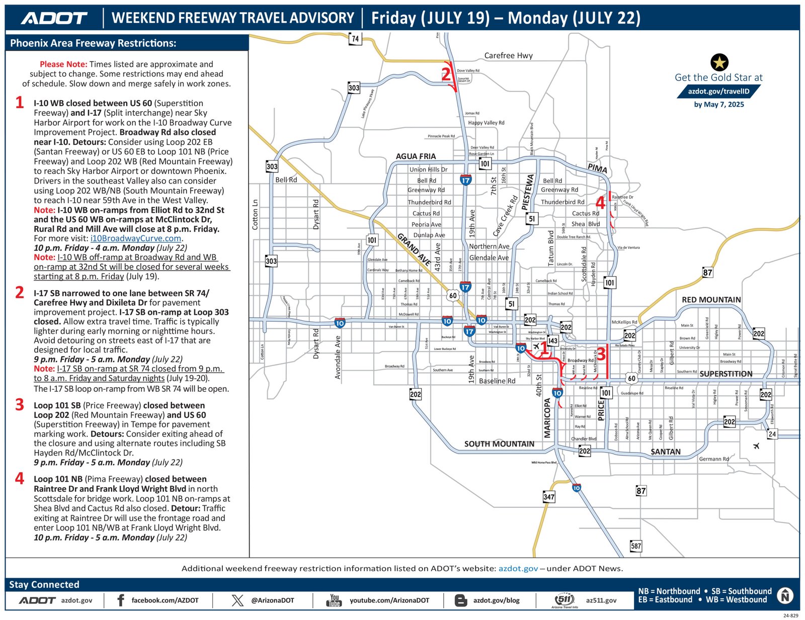 Phoenix area weekend freeway travel advisory, July 19-22