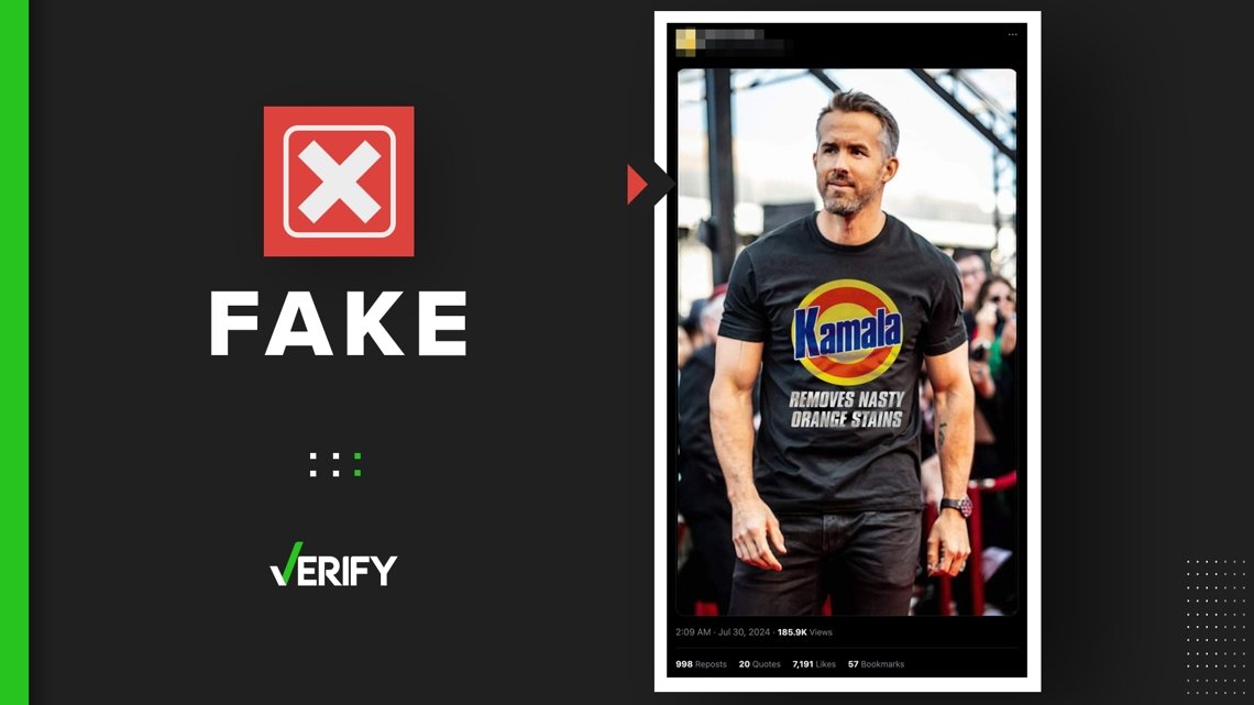 Viral image of Ryan Reynolds in Kamala Harris t-shirt is fake