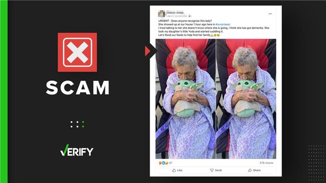 Photo of a missing elderly woman holding a Yoda toy is part of a bait-and-switch scam