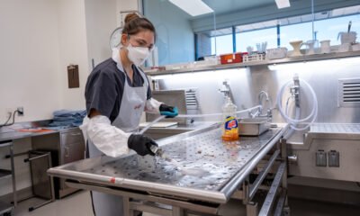 Intern Abigail Brown assists in cleanup after an exam at the Pinal County Medical Examiner's Office on Aug. 4, 2023. [Bryan Mordt]