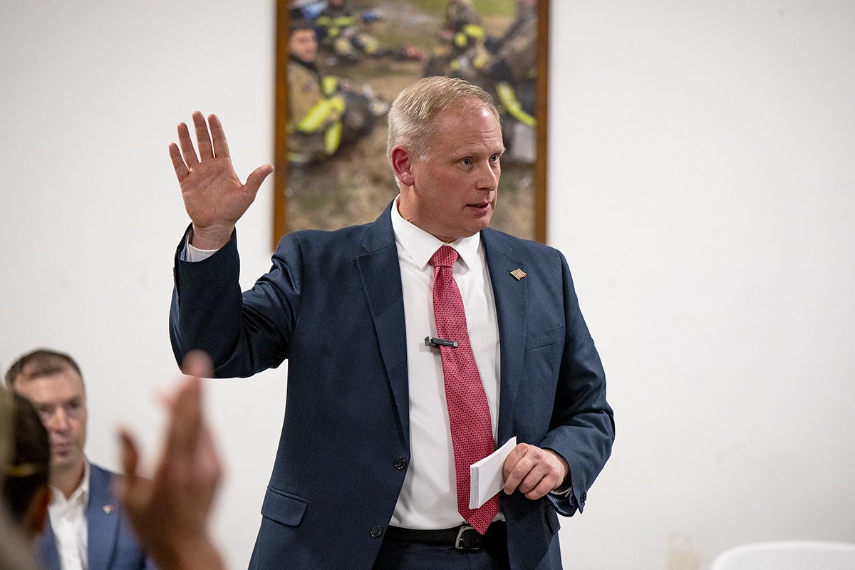 Supervisor Kevin Cavanaugh speaks during a candidate panel discussion held at Thunderbird Farms Fire Station on Feb. 27, 2024. Cavanaugh, who currently serves on the Pinal County Board of Supervisors, is running for county sheriff against four other candidates. [Monica D. Spencer]