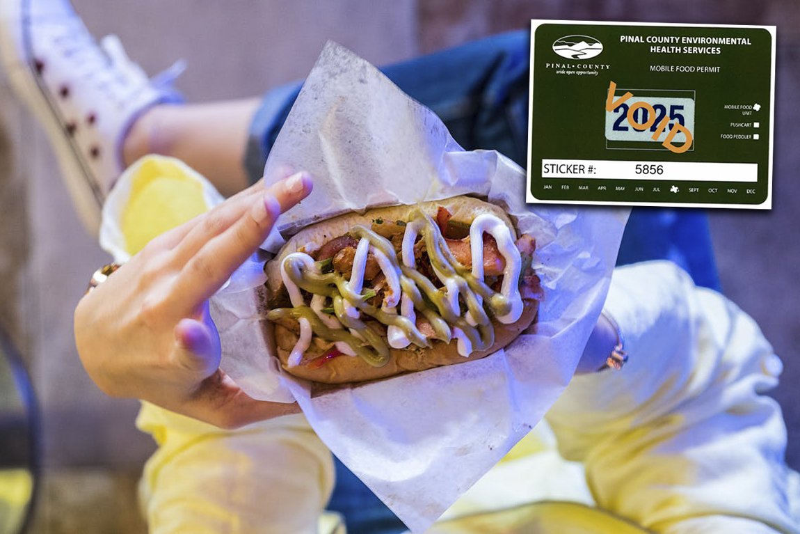 An image of a food permit from the Pinal County Environmental Health Services sits over a photo of a woman holding a hot dog. [The Lazy Artist/Pexels]