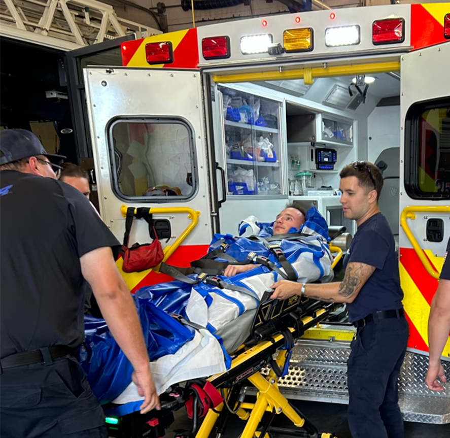 MFMD crews practice immersing a heatstroke patient in ice-cold water.