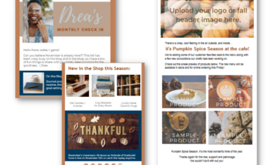 Screenshots of two Fall-themed email templates, both with multiple content sections, images, text, and call-to-action options.