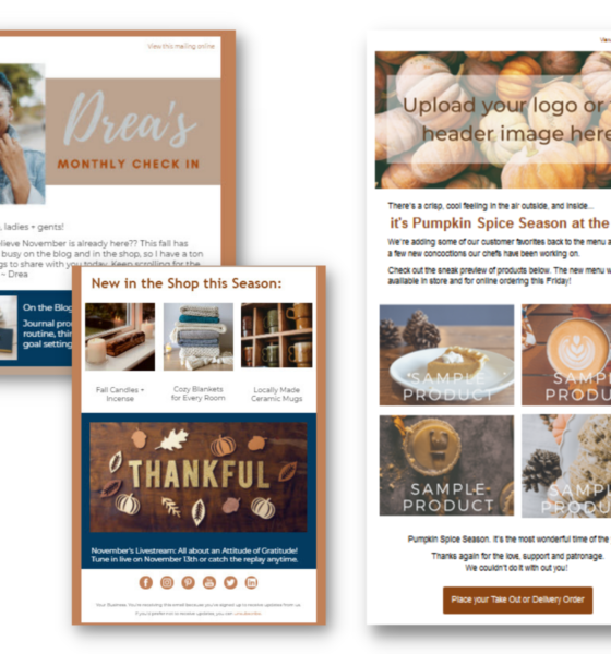 Screenshots of two Fall-themed email templates, both with multiple content sections, images, text, and call-to-action options.