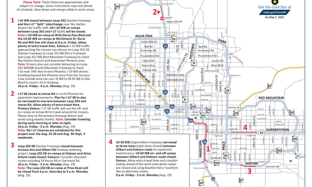 Long stretch of westbound I-10 and other closures this weekend, Aug. 16-19