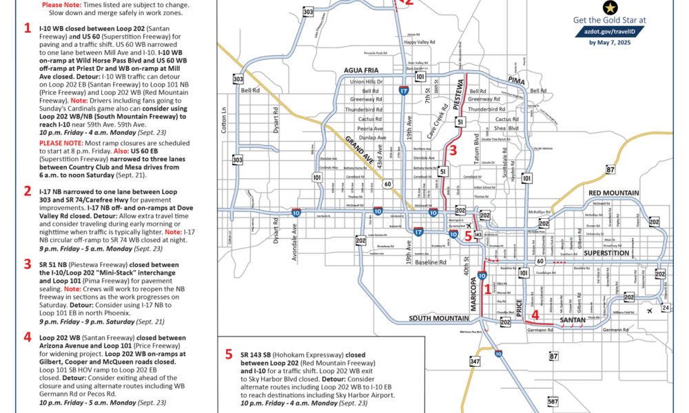 Closures set along I-10, SR 51 this weekend, Sept. 20-23