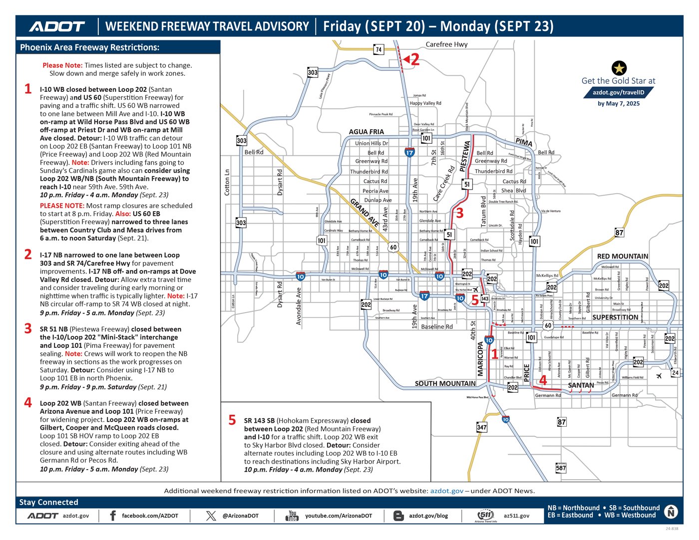 Closures set along I-10, SR 51 this weekend, Sept. 20-23