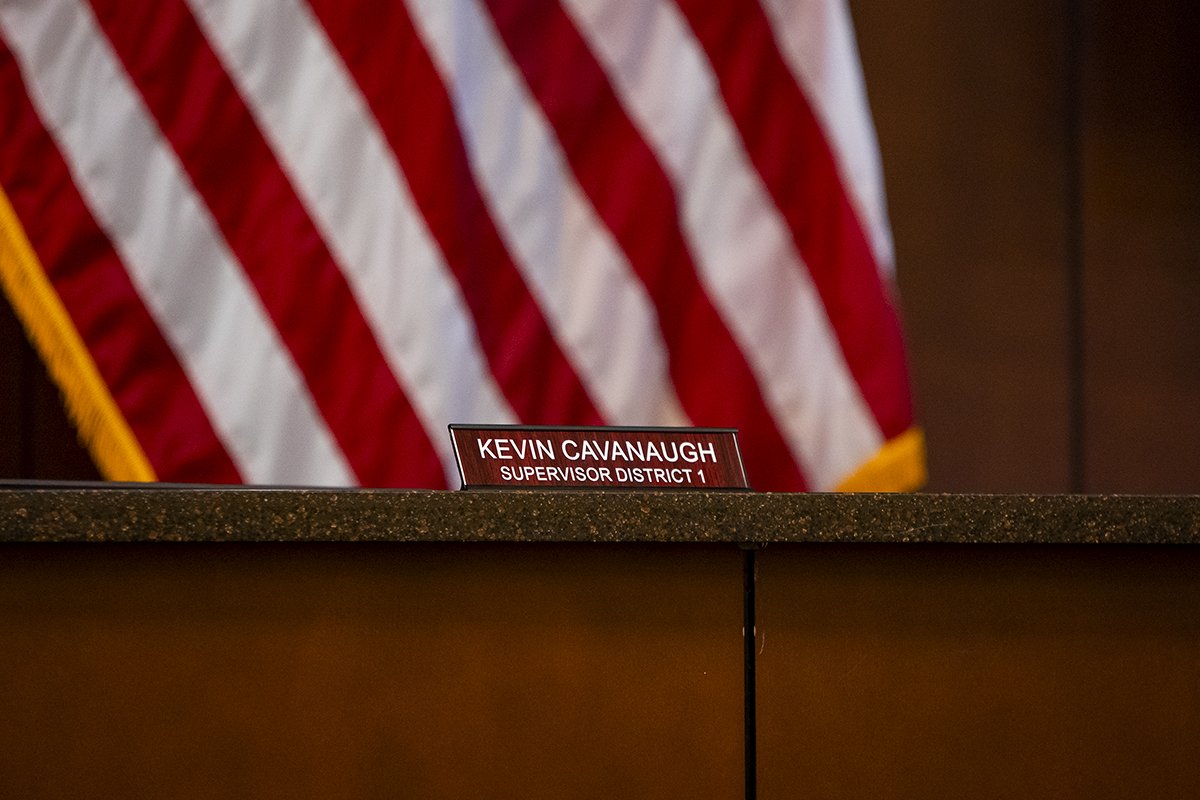 Supervisor Kevin Cavanaugh's seat remains empty during a Pinal County Board of Supervisors special meeting on Oct. 9, 2024 in Florence. [Monica D. Spencer]