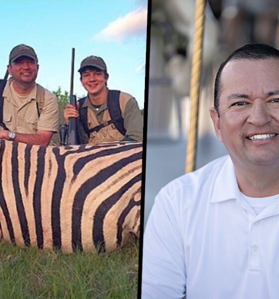 A photo of Chris Lopez with his son and a zebra carcass, next to a campaign photo of Lopez. [Chris Lopez]