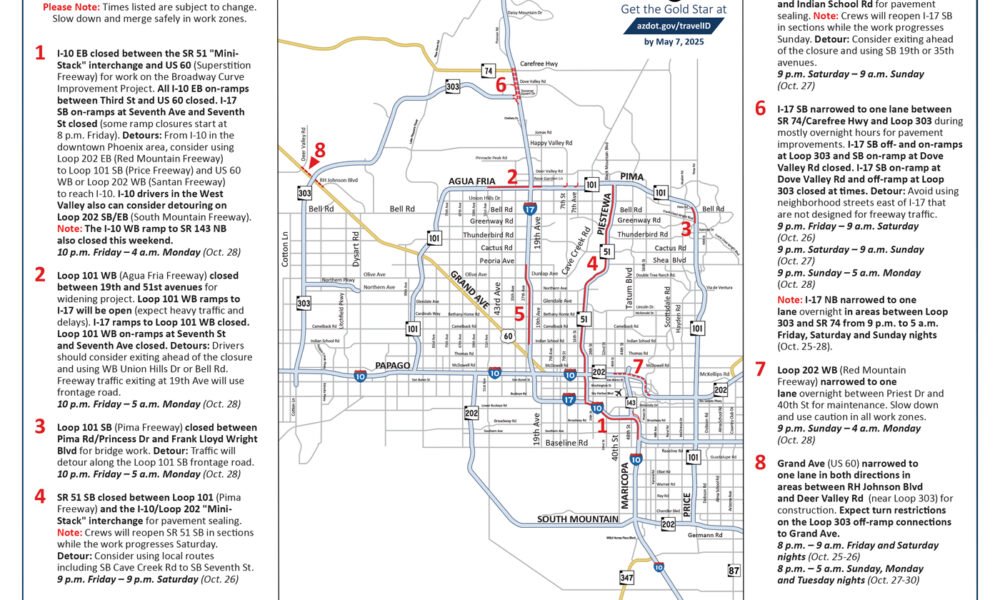 Multiple Phoenix-area freeway closures, restrictions this weekend, Oct. 25-28