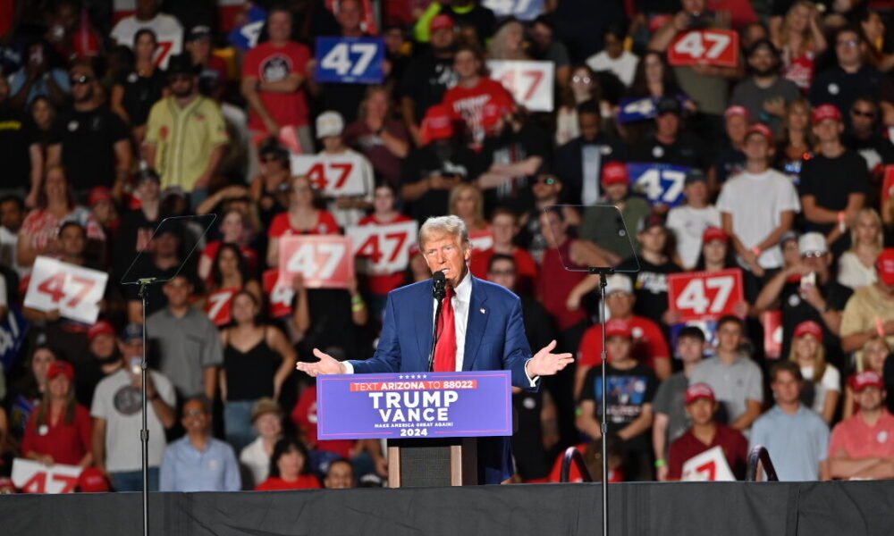 Former President Donald J. Trump speaks to a packed house at Mullet Arena in Tempe Oct. 24, likely his last Arizona rally before the historic 2024 presidential election Nov. 5. [Bryan Mordt]