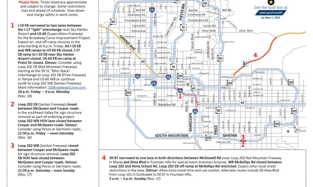 Phoenix-area freeway travel advisory, Nov. 15-18