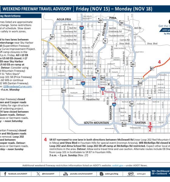 Phoenix-area freeway travel advisory, Nov. 15-18