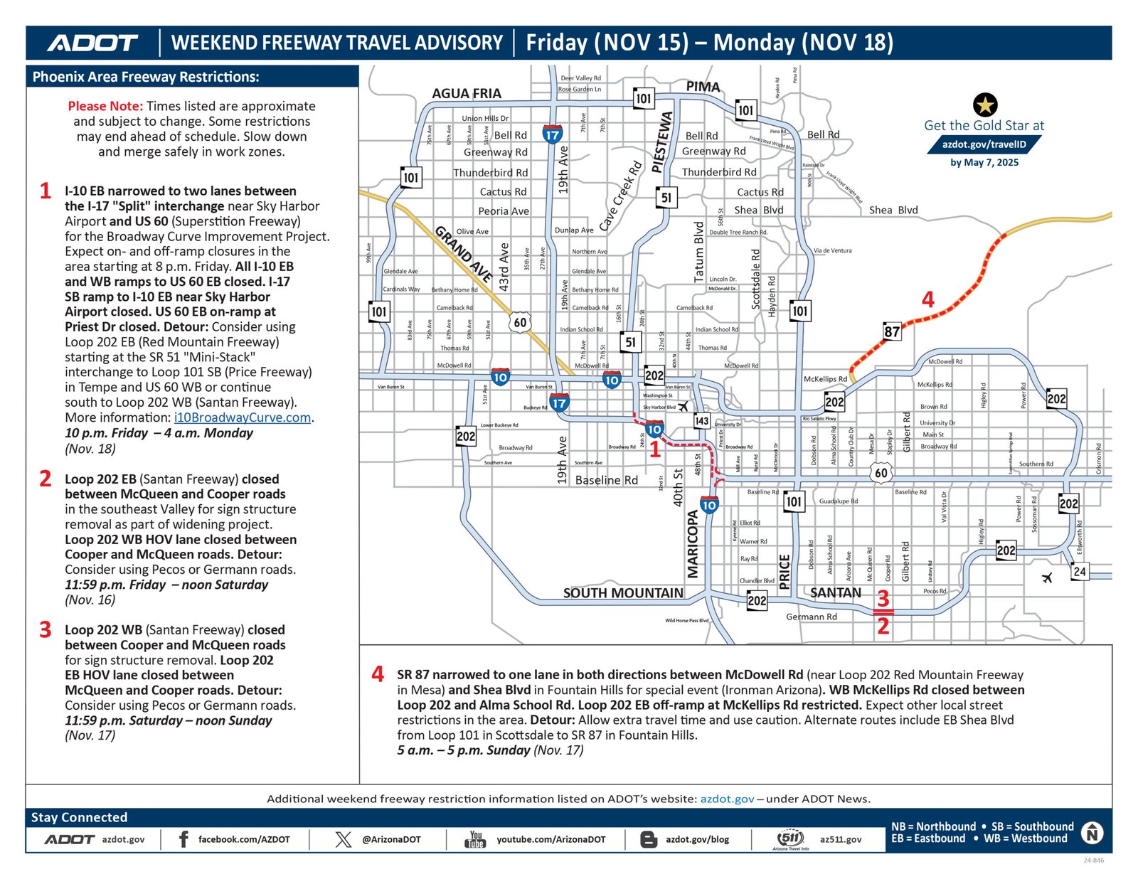 Phoenix-area freeway travel advisory, Nov. 15-18