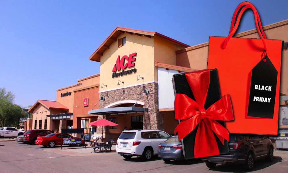 An image of gift bags and boxes over an undated exterior photo of Karsten's Ace Hardware on John Wayne Parkway. [File photo]