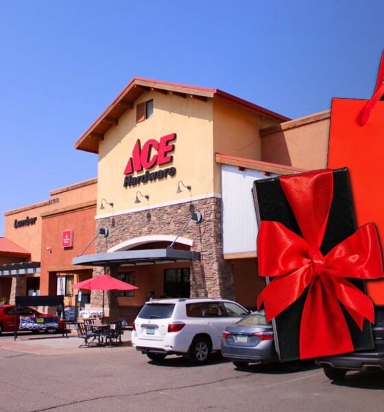 An image of gift bags and boxes over an undated exterior photo of Karsten's Ace Hardware on John Wayne Parkway. [File photo]