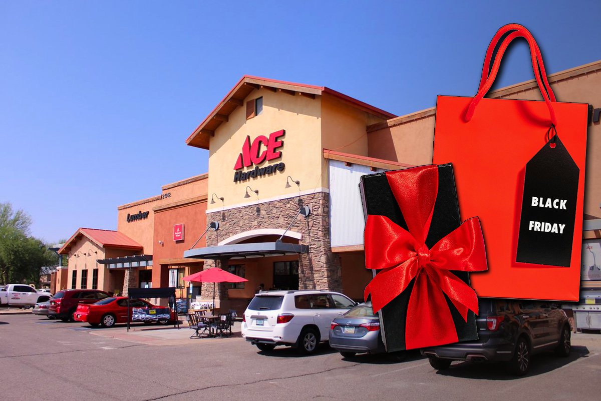 An image of gift bags and boxes over an undated exterior photo of Karsten's Ace Hardware on John Wayne Parkway. [File photo]