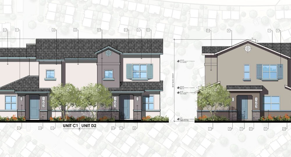 Color elevations of several proposed rental buildings at Dominium's Saddleback Village at Stonegate overlayed an image of the development's landscape plan from August 2024. [City of Maricopa]