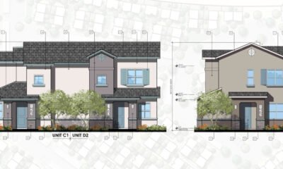 Color elevations of several proposed rental buildings at Dominium's Saddleback Village at Stonegate overlayed an image of the development's landscape plan from August 2024. [City of Maricopa]