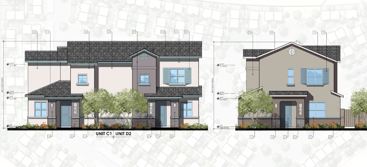 Color elevations of several proposed rental buildings at Dominium's Saddleback Village at Stonegate overlayed an image of the development's landscape plan from August 2024. [City of Maricopa]