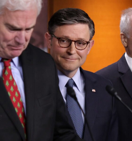 U.S. House Majority Whip Rep. Tom Emmer, R-Minn., left, Speaker of the House Mike Johnson, R-La., center, and House Majority Leader Steve Scalise, R-La., take part in a news conference at the U.S. Capitol on Dec. 17, 2024 in Washington, D.C. (Photo by Alex Wong/Getty Images)