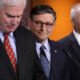 U.S. House Majority Whip Rep. Tom Emmer, R-Minn., left, Speaker of the House Mike Johnson, R-La., center, and House Majority Leader Steve Scalise, R-La., take part in a news conference at the U.S. Capitol on Dec. 17, 2024 in Washington, D.C. (Photo by Alex Wong/Getty Images)