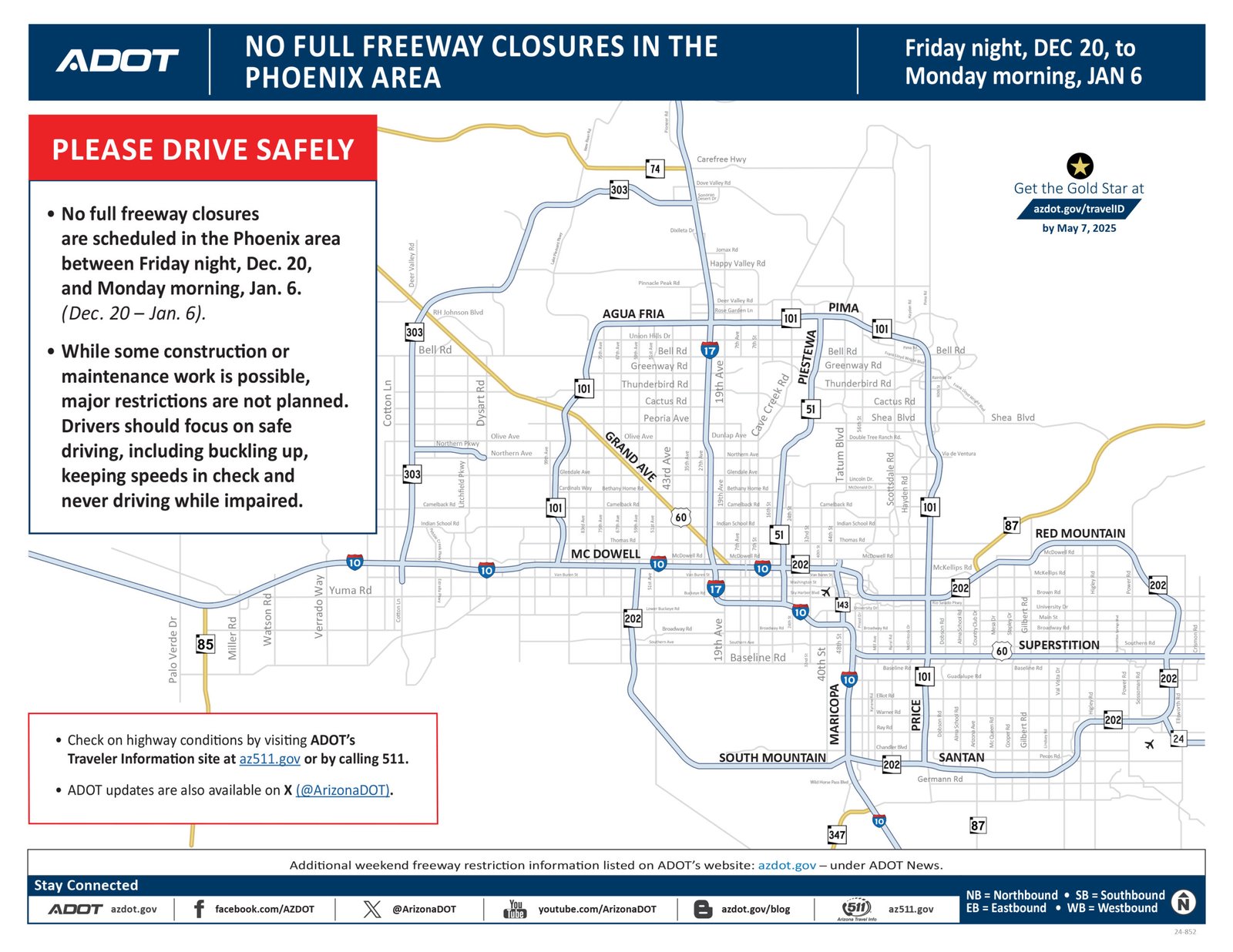 Holiday traffic advisory – no full weekend freeway closures on the horizon