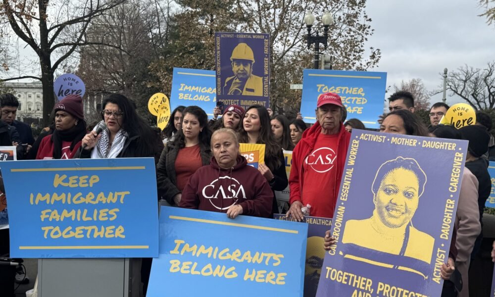 Michigan Democratic Rep. Rashida Tlaib, left, speaks at a press conference hosted by immigrant youth, allies and advocates outside the U.S. Capitol in Washington, D.C., on Tuesday, Dec. 17, 2024. (Photo by Shauneen Miranda/States Newsroom)