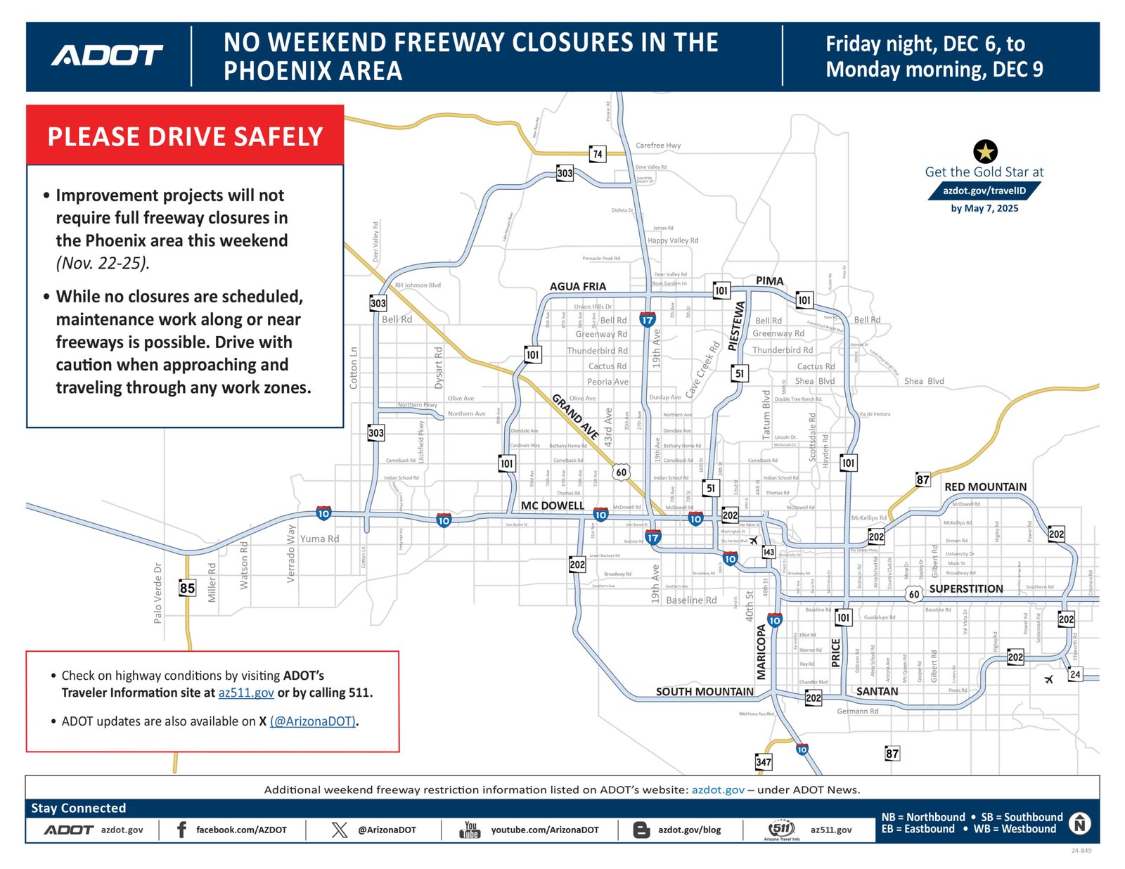 No Phoenix-area freeway closures scheduled this weekend, Dec. 6-9