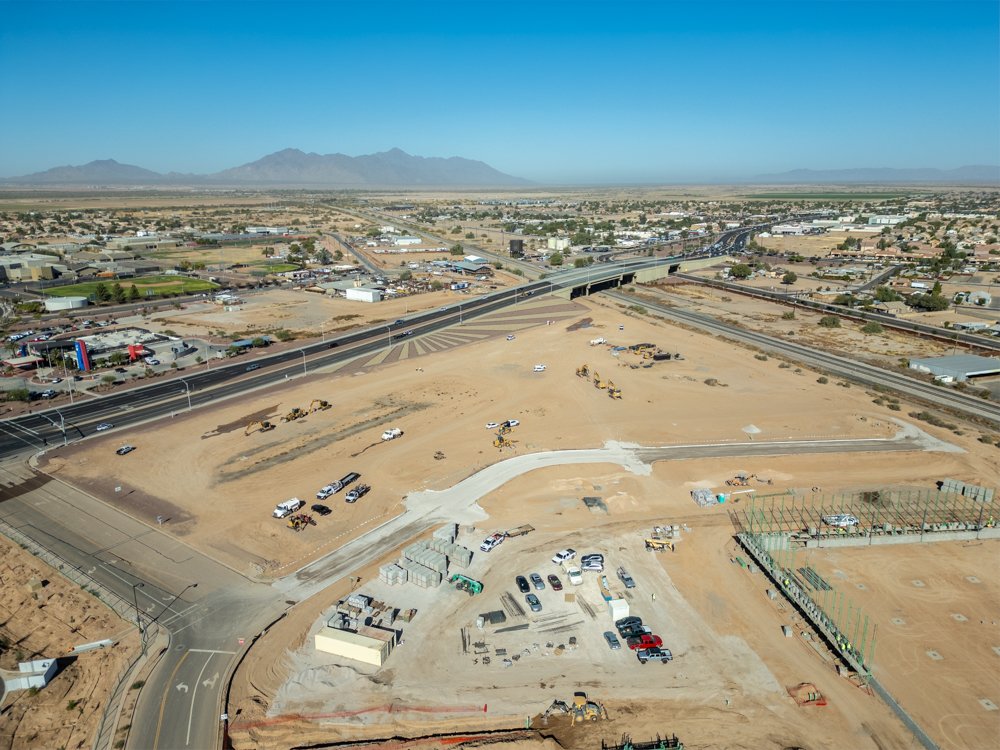 A drone photo of Southbridge Marketplace on Nov. 18, 2024. Currently under construction, the Thompson Thrift retail development may feature a Panera Bread, Five Guys, and additional shops according to a leasing plan on the developer's website. [Bryan Mordt]