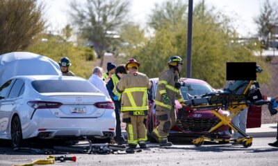 Crews from Maricopa Fire/Medical Department respond to a collision in the Heritage District which led to one person being hospitalized on Jan. 15, 2025. [Monica D. Spencer]