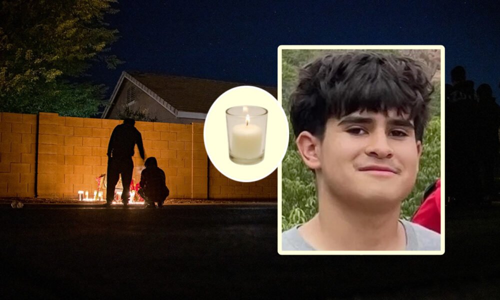 Esteban Valenzuela's face and a candle from the National Gun Violence Memorial website over a photograph of the 16-year-old's Nov. 25 memorial vigil on Dancer Lane in the Maricopa Meadows. [Monica D. Spencer]