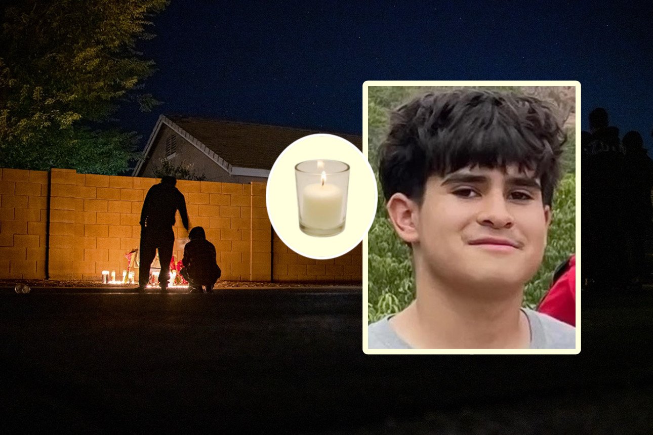 Esteban Valenzuela's face and a candle from the National Gun Violence Memorial website over a photograph of the 16-year-old's Nov. 25 memorial vigil on Dancer Lane in the Maricopa Meadows. [Monica D. Spencer]