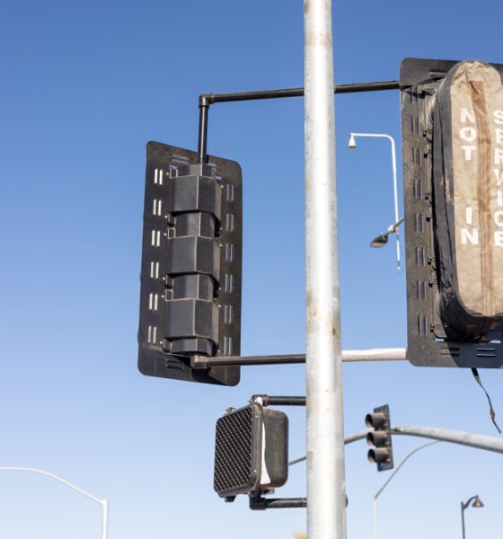 Newly installed stoplights wait to be turned on as drivers navigate the John Wayne Parkway and Smith-Enke Road intersection on Jan. 14, 2025. [Brian Petersheim Jr.]