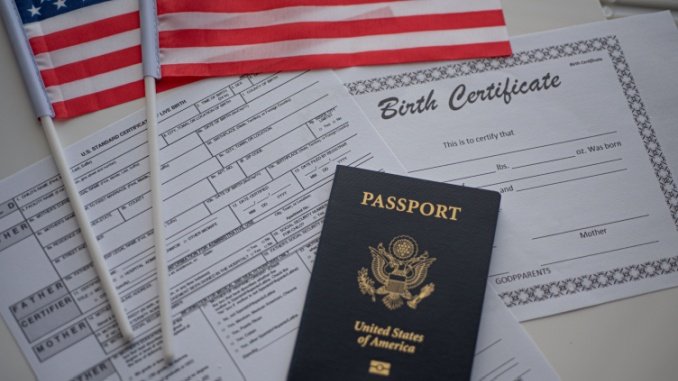 birth certificate, passports, and American flags