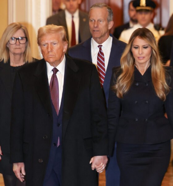 President-elect Donald Trump and wife Melania Trump arrive at the U.S. Capitol on Jan. 8, 2025, ahead of Senate Majority Leader John Thune, center. Trump met with Senate Republicans Wednesday evening. (Photo by Tasos Katopodis/Getty Images)