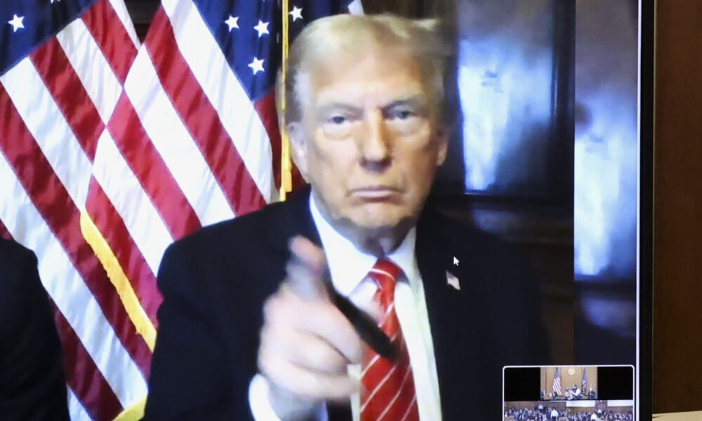 U.S. President-elect Donald Trump appears remotely for a sentencing hearing in front of New York State Judge Juan Merchan at Manhattan Criminal Court on Jan. 10, 2025 in New York City. (Photo by Brendan McDermid-Pool/Getty Images)