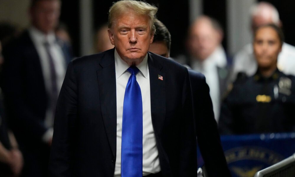 Donald Trump walks to speak to the media after being found guilty following his hush money trial at Manhattan Criminal Court on May 30, 2024, in New York City.  Trump, the president-elect, is set to be sentenced on Friday, Jan. 10. (Seth Wenig-Pool/Getty Images)