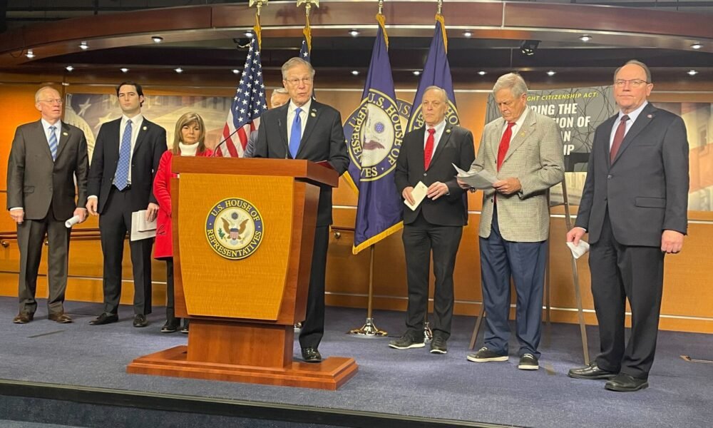 U.S. Rep. Brian Babin, a Texas Republican, speaks at a Capitol press conference with several Republicans supporting his bill to limit birthright citizenship on Jan. 23, 2025. From left to right, GOP Reps. John Rose of Tennessee, Brandon Gill of Texas, Diana Harshbarger of Tennessee, Andy Biggs of Arizona, Ralph Norman of South Carolina and Tom Tiffany of Wisconsin. (Photo by Ariana Figueroa/States Newsroom)