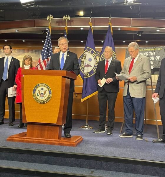 U.S. Rep. Brian Babin, a Texas Republican, speaks at a Capitol press conference with several Republicans supporting his bill to limit birthright citizenship on Jan. 23, 2025. From left to right, GOP Reps. John Rose of Tennessee, Brandon Gill of Texas, Diana Harshbarger of Tennessee, Andy Biggs of Arizona, Ralph Norman of South Carolina and Tom Tiffany of Wisconsin. (Photo by Ariana Figueroa/States Newsroom)