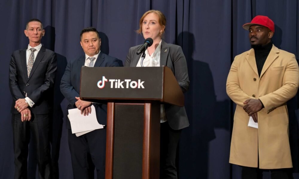 TikTok creators, left to right, Steven King, Paul Tran, Chloe Joy Sexton and Topher Townsend speak out against a law that could ban the platform at the National Press Club in Washington, D.C., following U.S. Supreme Court arguments on Friday, Jan. 10, 2025. (Photo by Ashley Murray/States Newsroom)