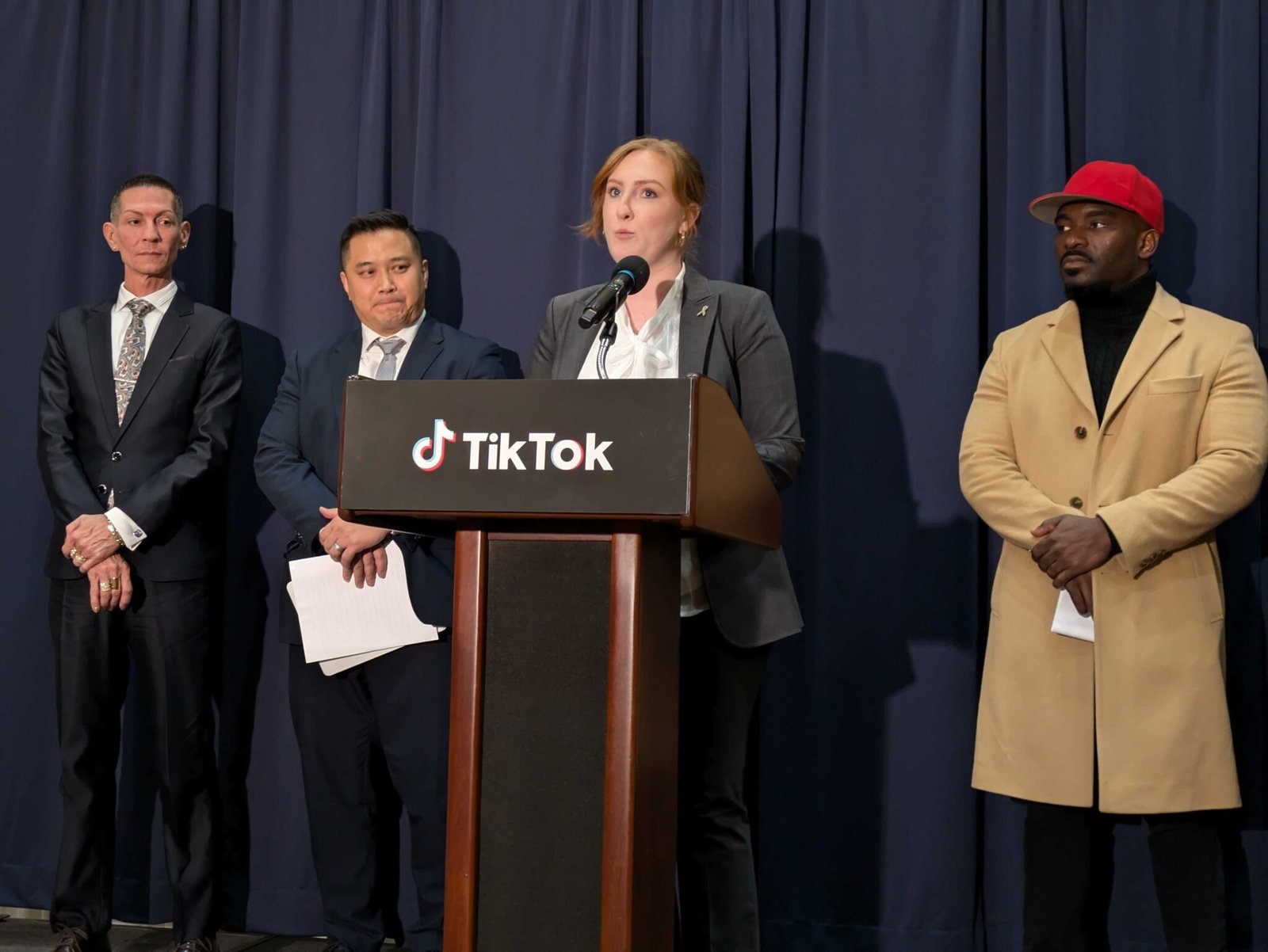 TikTok creators, left to right, Steven King, Paul Tran, Chloe Joy Sexton and Topher Townsend speak out against a law that could ban the platform at the National Press Club in Washington, D.C., following U.S. Supreme Court arguments on Friday, Jan. 10, 2025. (Photo by Ashley Murray/States Newsroom)