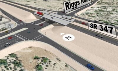 A rendering of the selected design, which features State Route 347 traffic traveling over Riggs Road. [Arizona Department of Transportation]